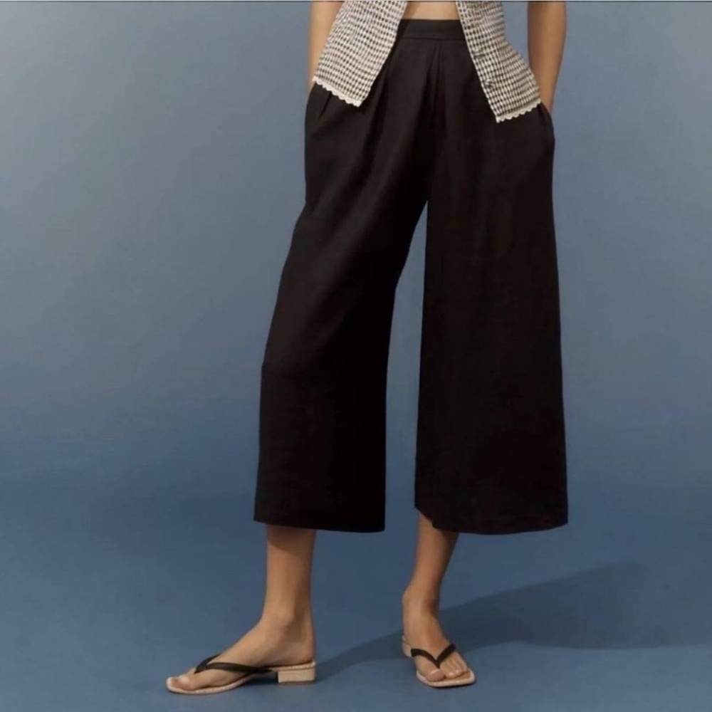 NWoT Anthropologie Linen Wide Leg Elastic Waist Pants Black Cropped XS